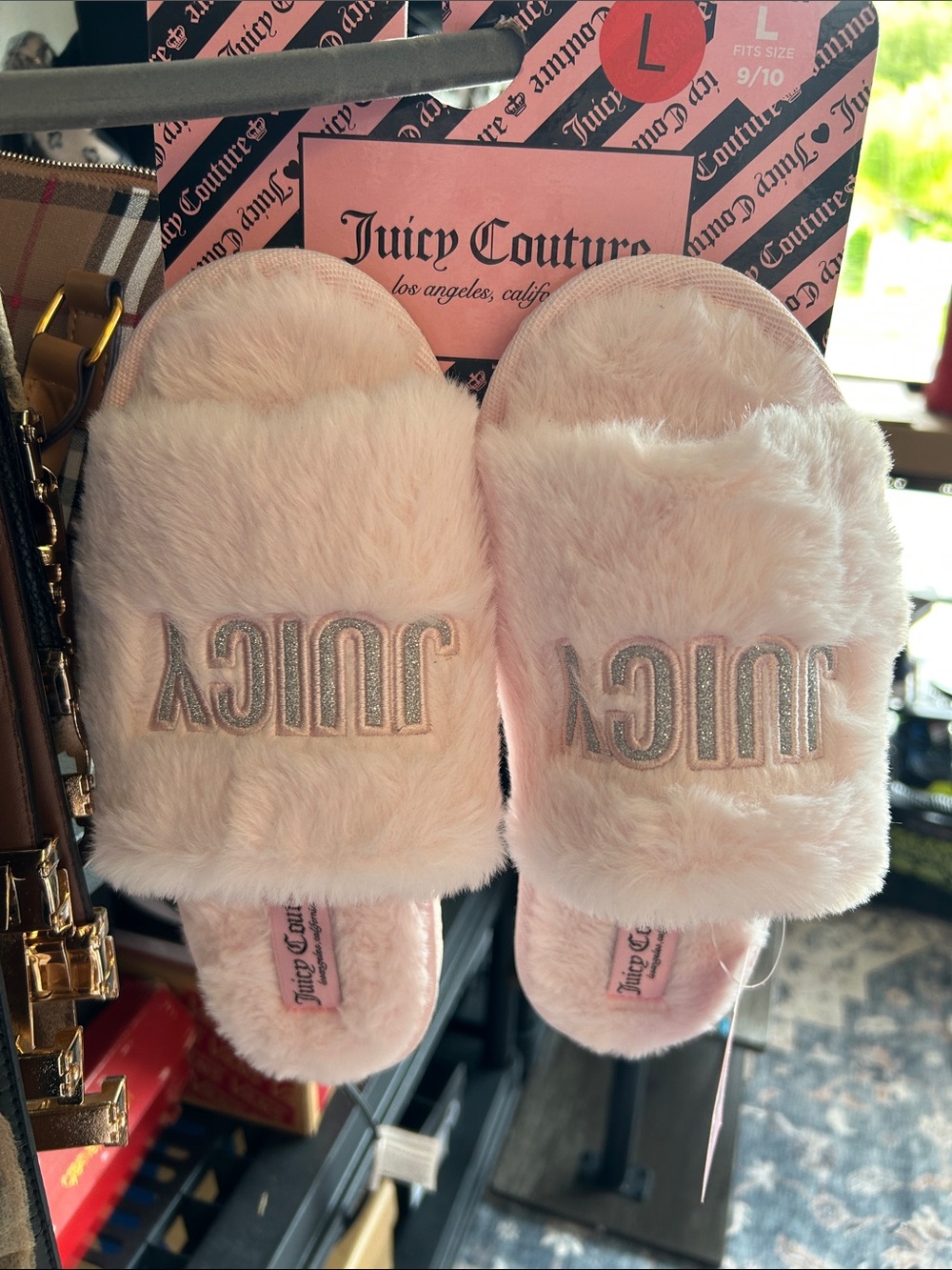 Juicy Couture Pale Pink Fuzzy Logo Slide Slippers